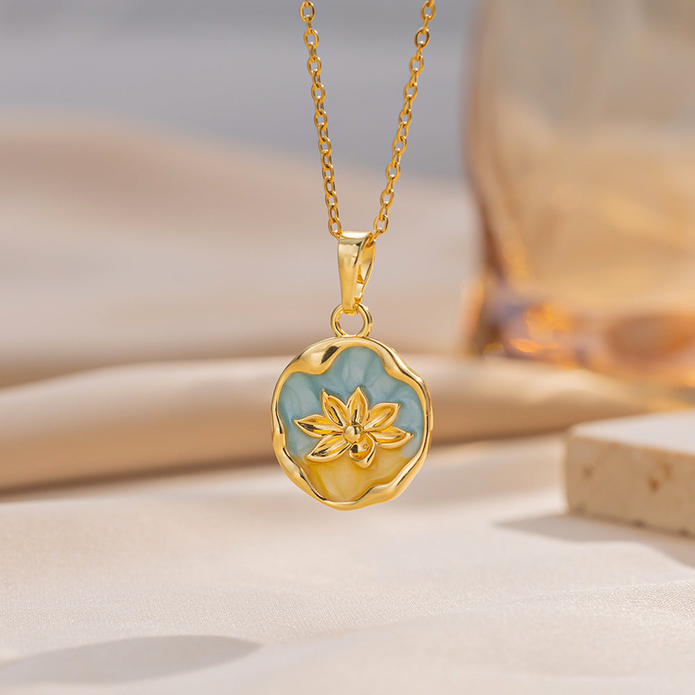 Elegant Lotus Pendant Necklace in Titanium Steel with Enamel Finish, Floral Design, O-Chain, Women's Lightweight Hypoallergenic Jewelry