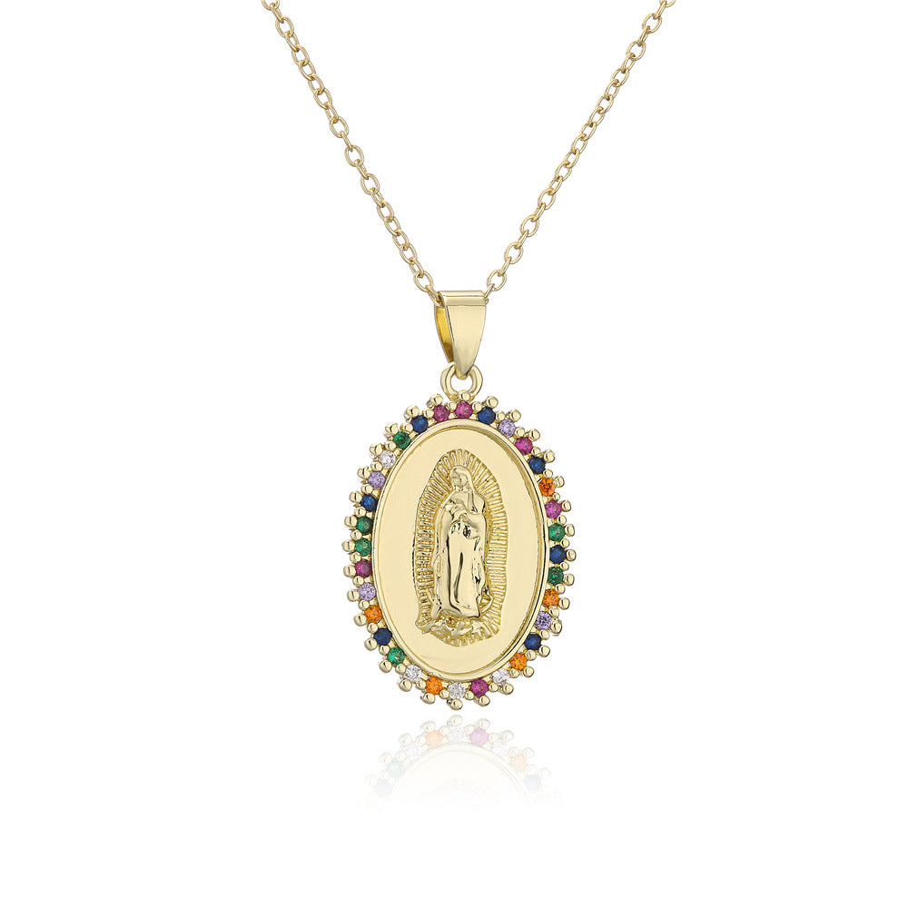 Minimalist Geometric Brass Micro-Inlaid Cubic Zirconia Necklace with Gold Plated Mary Pendant