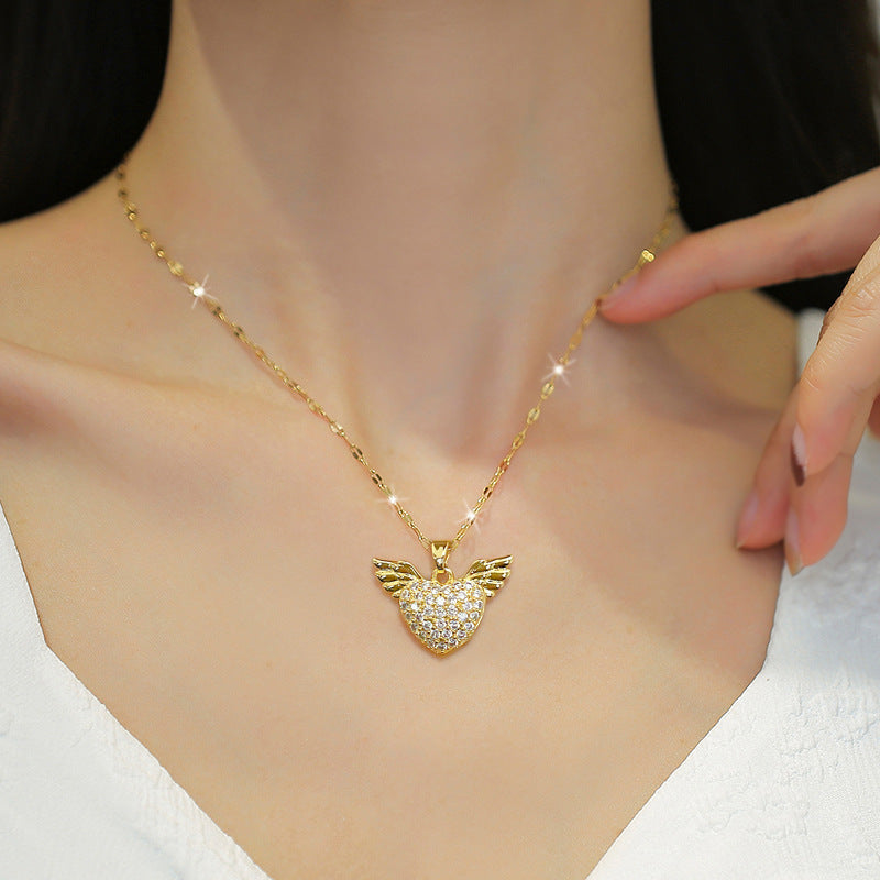 Minimalist Heart and Angel Wing Pendant Necklace in Stainless Steel with Moon Motif for Women and Men