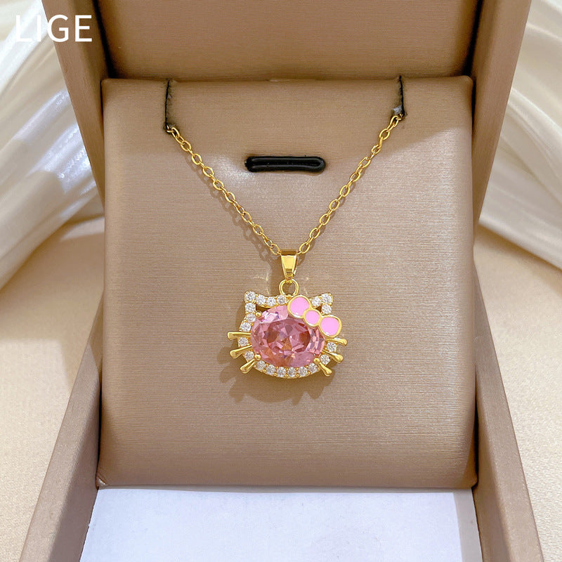 Sweet Cartoon Cat Bow Rhinestone Pendant Titanium Steel Necklace for Women and Men