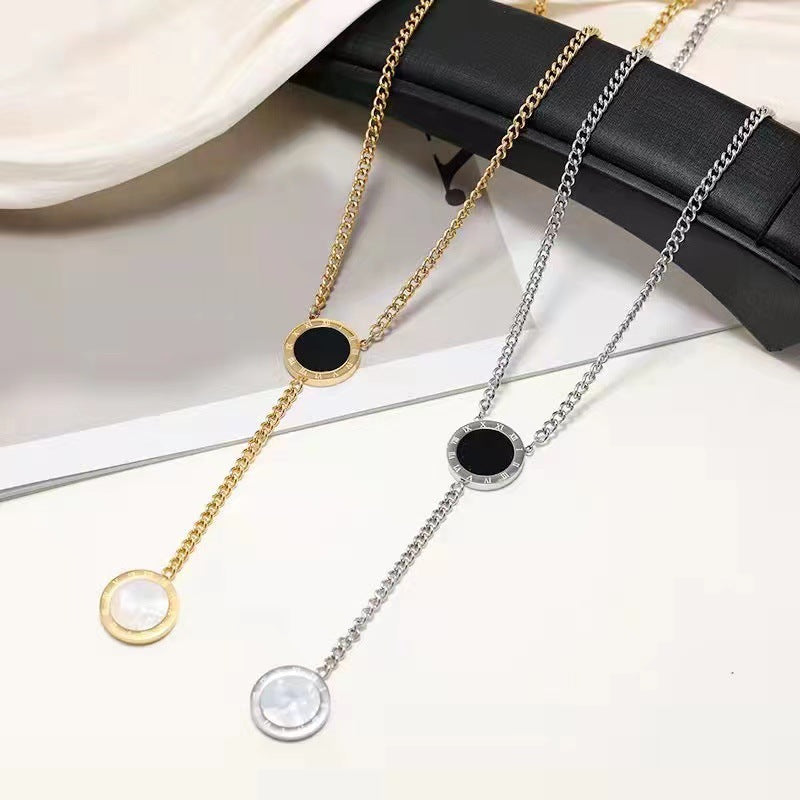 Original Design Letter Shape Titanium Steel Pendant Necklace with Tassel Detail for Sweaters, Adjustable Length, Double-Sided Shell Design