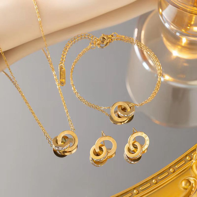 Luxury Stainless Steel Roman Numeral Double Ring Necklace Set with Cubic Zirconia and Curb Chain for Women