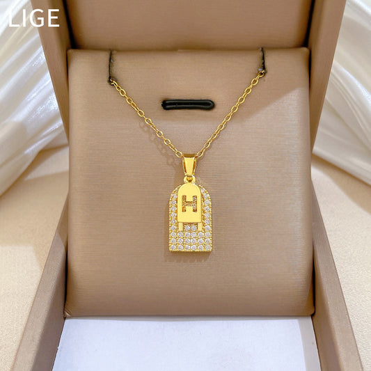 Sweet Minimalist Letter Cubic Zirconia Titanium Steel Necklace Double Layer Chain for Unisex