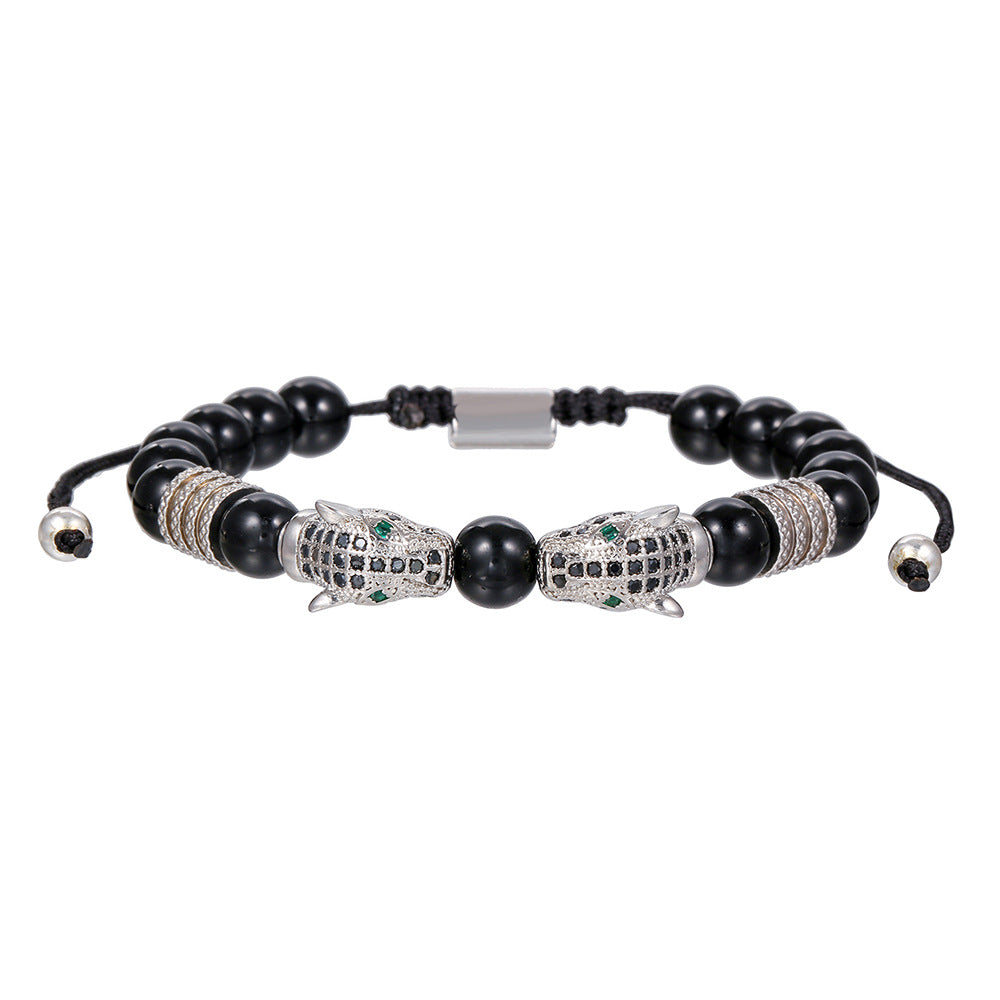 Hip-hop Micro-inlaid Cubic Zirconia Leopard Head Adjustable Stainless Steel Bracelet with Black Agate