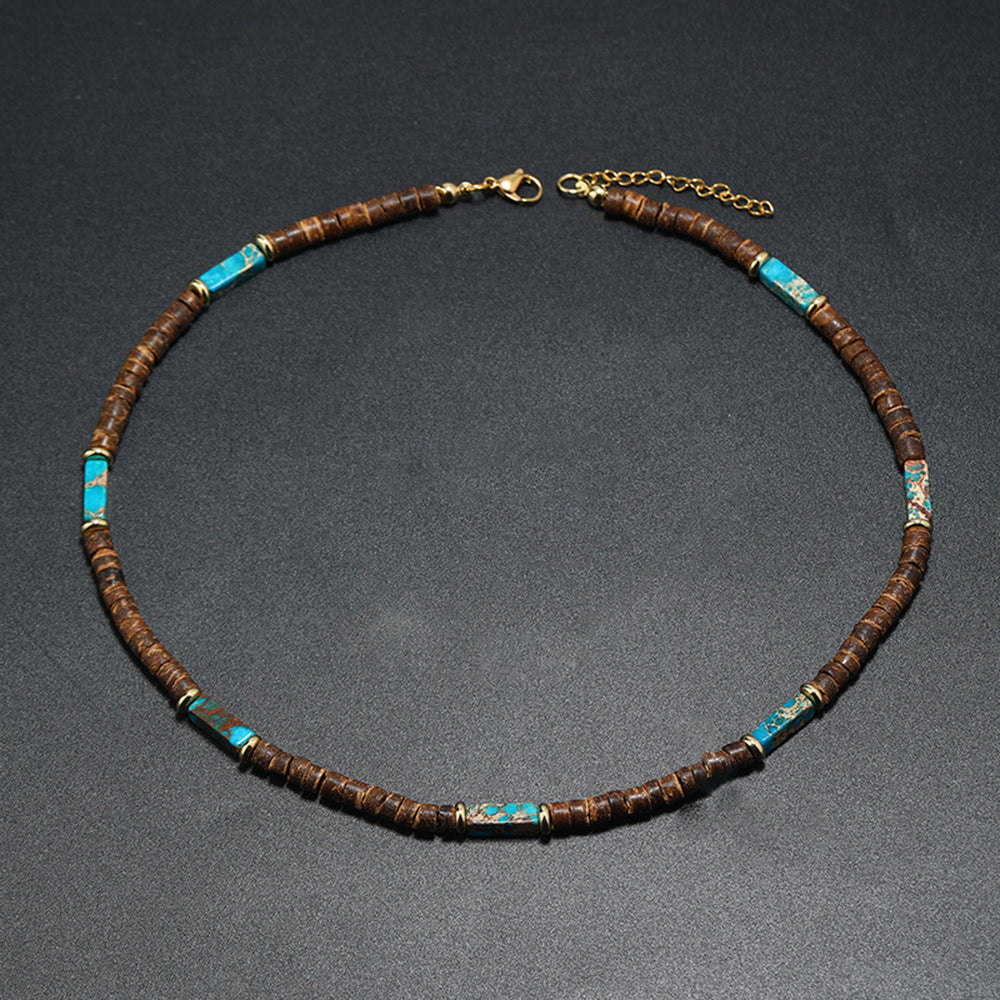 Unisex Handmade Geometric Coconut Shell and Turquoise Beaded Necklace