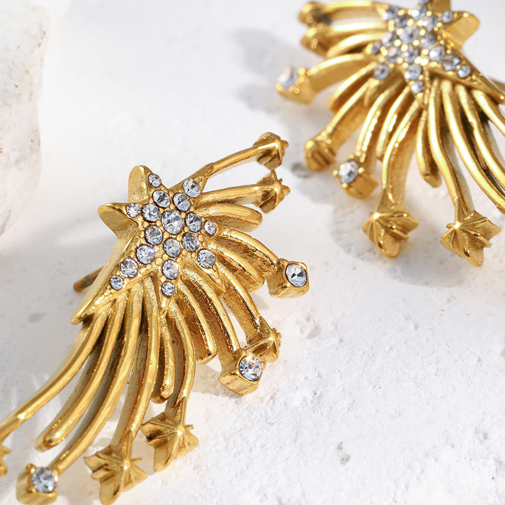 Minimalist Geometric Wing-Shaped Stainless Steel Earrings with 18K Gold Plating and Zircon Inlay for Women
