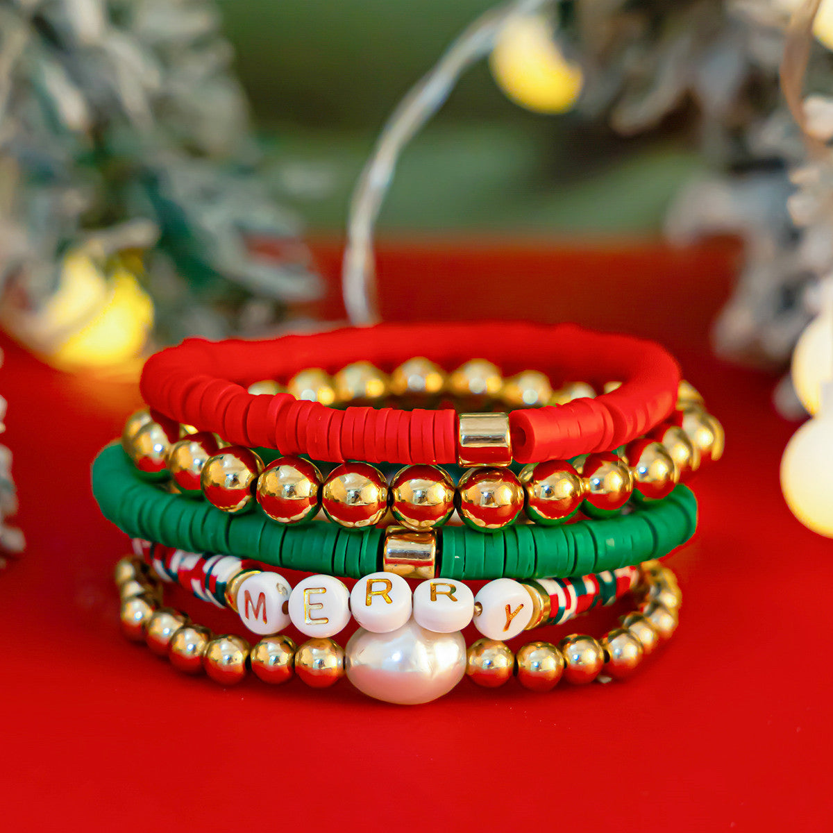 Christmas Letter Resin Bracelet Set Colorful Irregular Beaded with Strawberry and Watermelon Elements Unisex