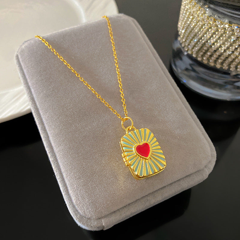 Vintage Drip Oil Floral Heart Oval Pendant Gold Plated Brass Necklace for Women