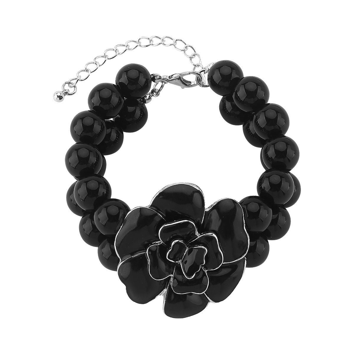 Retro French Style Camellia-Shaped Handcrafted Enamel Alloy Bracelet and Necklace Set for Women with Pearl Chain