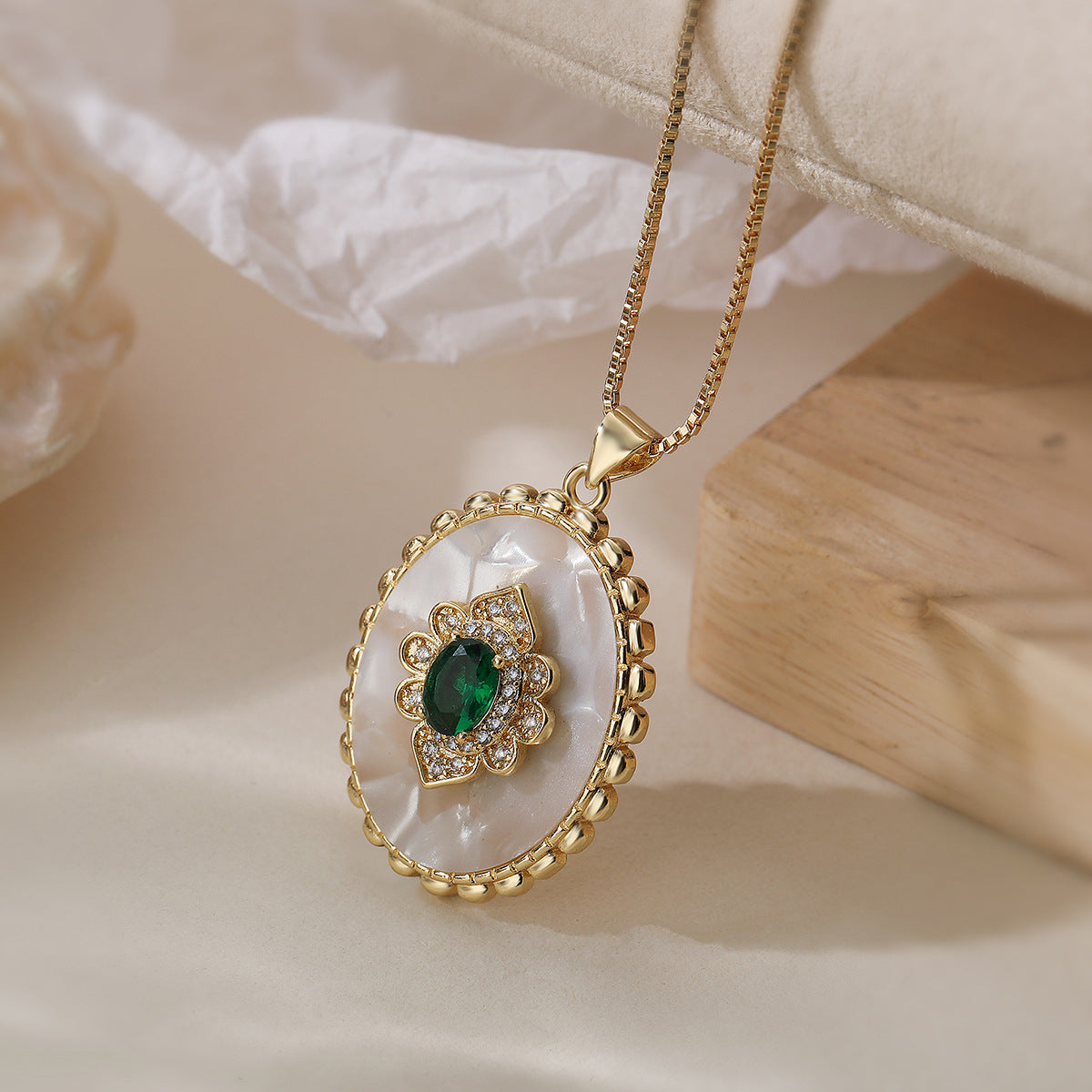 Minimalist Oval Shell Pendant Necklace for Women with Copper Base and 18K Gold Plating, Zircon Inlay
