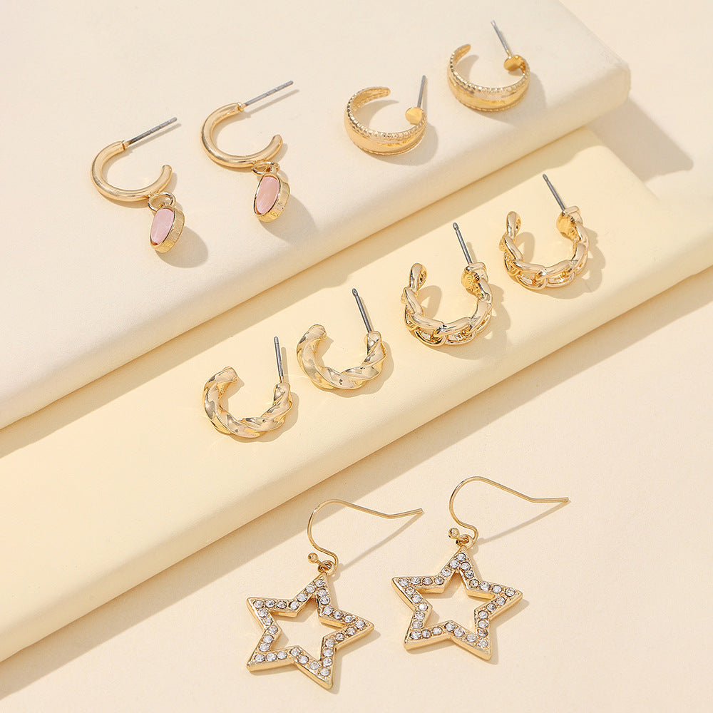 Vintage Minimalist Geometric Star Alloy Plated Rhinestone and Crystal C-Hoop Earrings Set