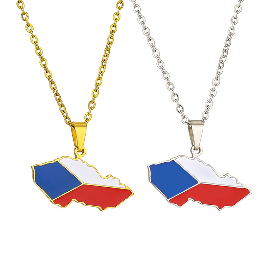 Collana con Ciondolo Vintage Smaltato con Bandiera della Mappa Ceca in Acciaio al Titanio e Catena a O per Unisex