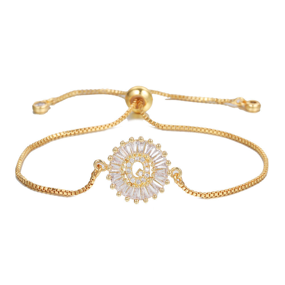 Minimalist Gold Plated Brass Letter Bracelet with Cubic Zirconia Adjustable A-Z