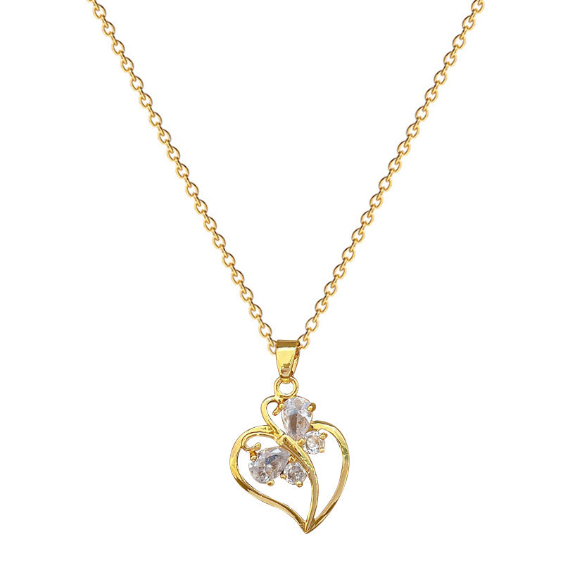 Collar Minimalista de Acero de Titanio con Forma de Corazón y Mariposa con Incrustaciones de Circonita Cúbica para Mujeres y Hombres, Delicada Cadena para Clavícula