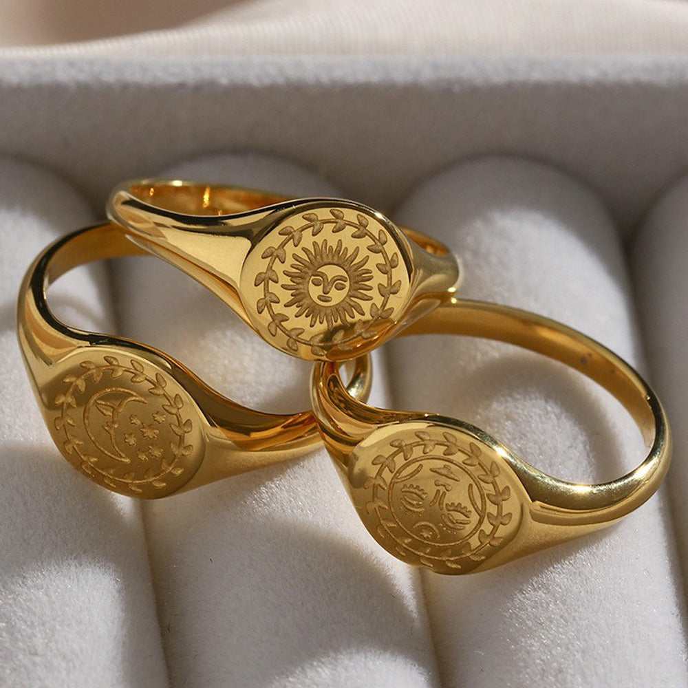 Anello da donna in acciaio inossidabile placcato oro 18 carati con motivo geometrico vintage a stelle e luna