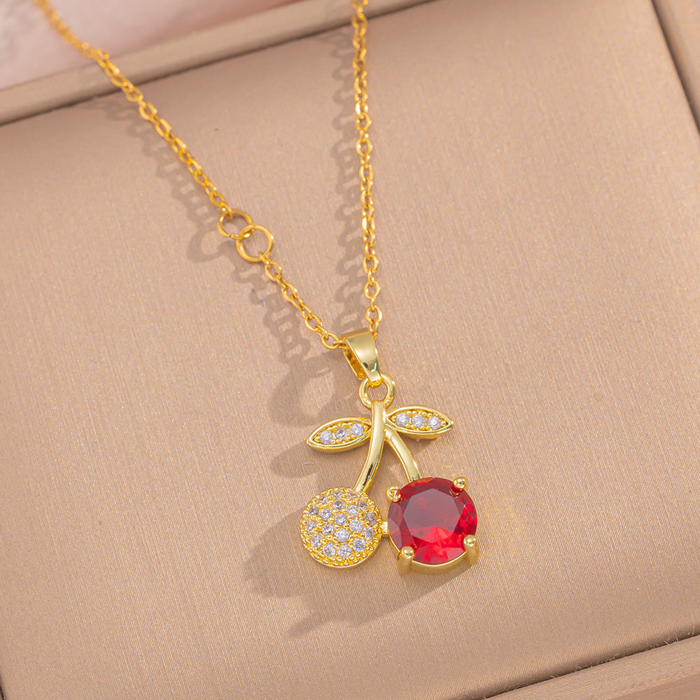 Cherry-Shaped Pendant Necklace Set for Women in Titanium Steel with Rhinestone Inlay and Polished Finish