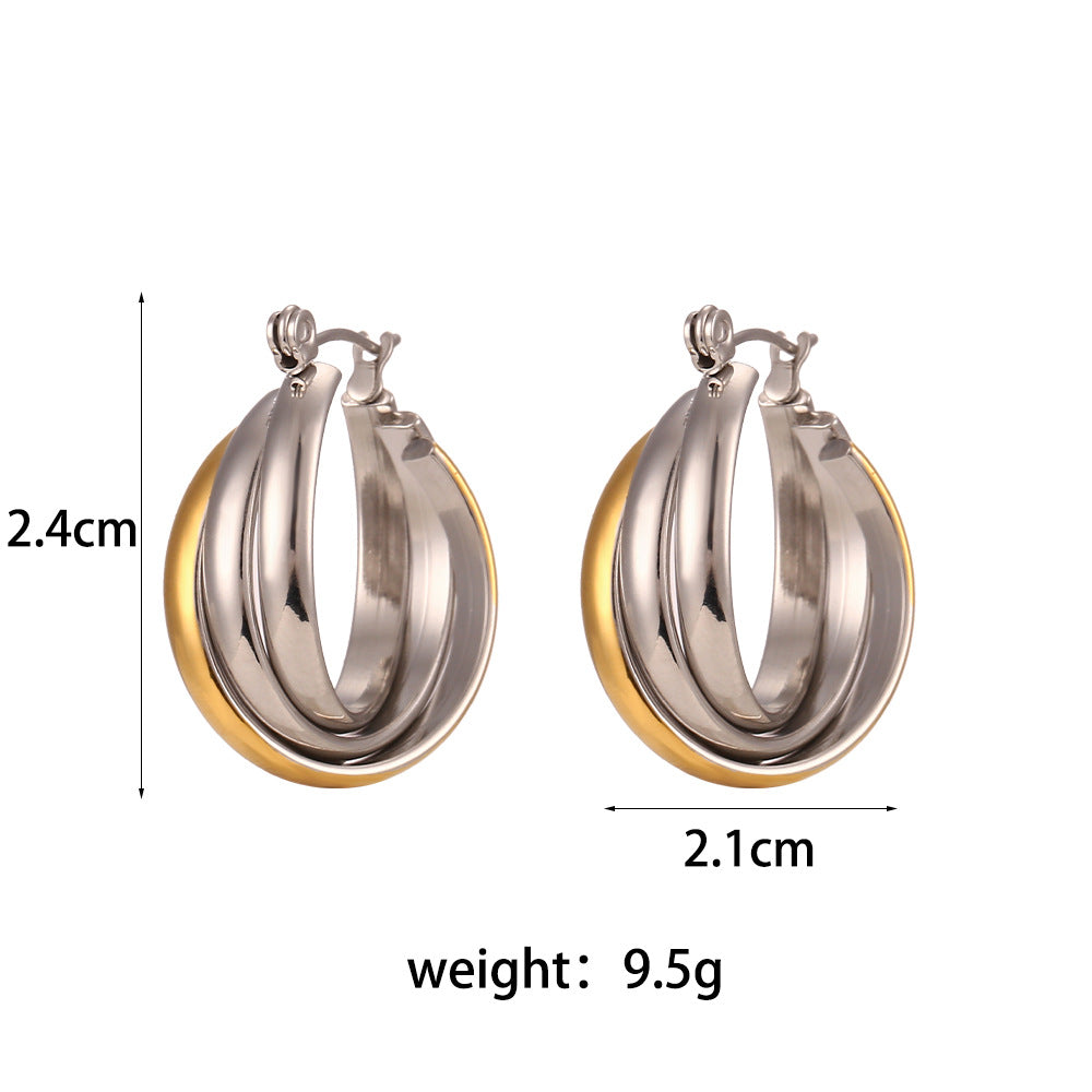 Minimalist Geometric Double-Layer C-Shaped Stainless Steel Hoop Earrings with Plated Finish