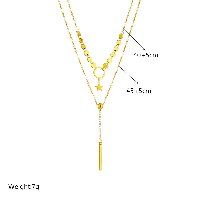 Collana a pendente a strati bicolore minimalista con nappa e ciondolo a stella in acciaio al titanio con finitura placcata