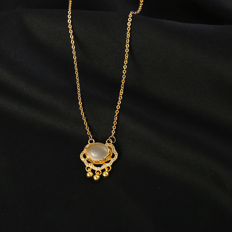 Chinese Style Cloud and Ruyi Peace Lock Pendant Necklace in Titanium Steel with Gold Plating on O-Chain for Women