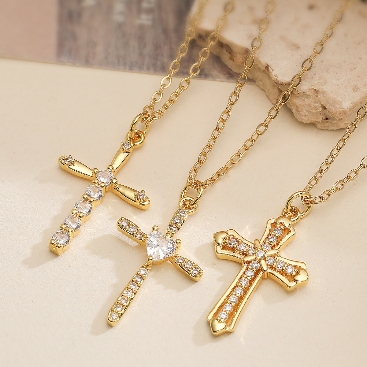 Minimalist 18K Gold Plated Brass Cross Pendant Necklace with Cubic Zirconia for Women