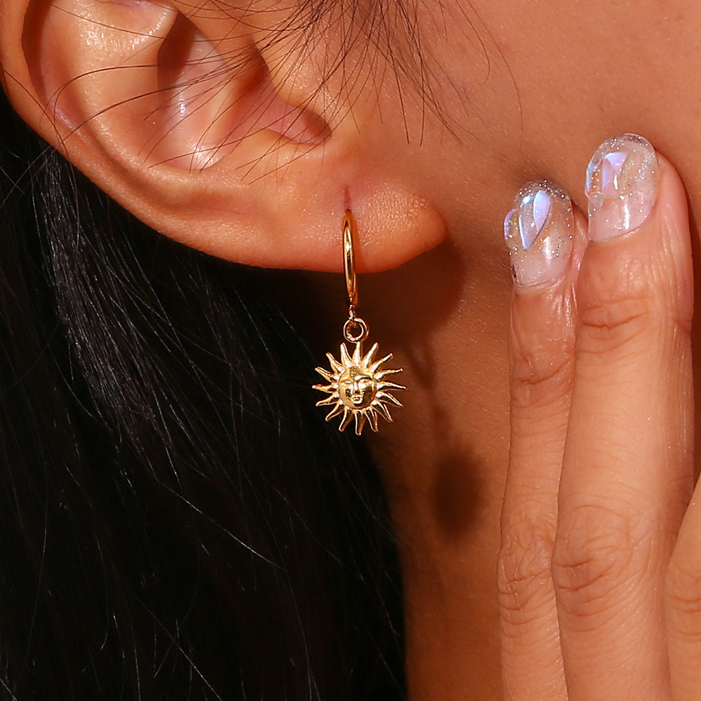 Minimalist Geometric Stainless Steel Sun Pendant Hoop Earrings for Women with Plated Finish