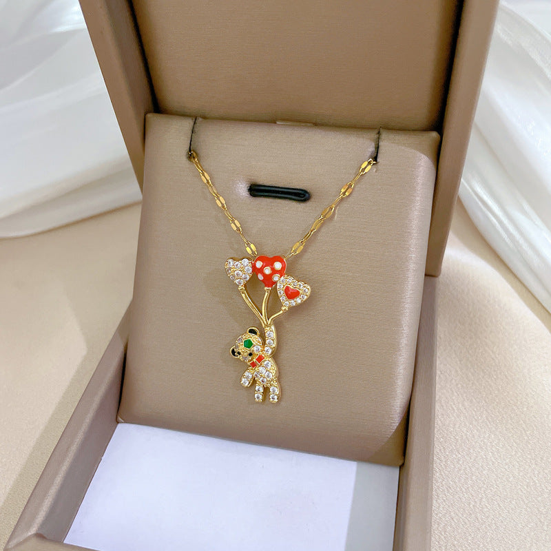 Luxury Titanium Steel Geometric Bear Pendant Necklace for Women with Rhinestone Inlay and Delicate Clavicle Chain