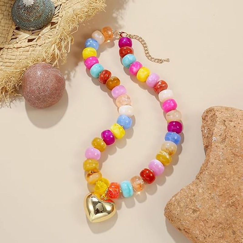 Bohemian Casual Heart Resin Pendant Beaded Necklace for Women