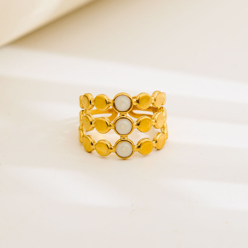 Anello geometrico rotondo in acciaio al titanio con smalto bianco e nero, regolabile, in stile vintage