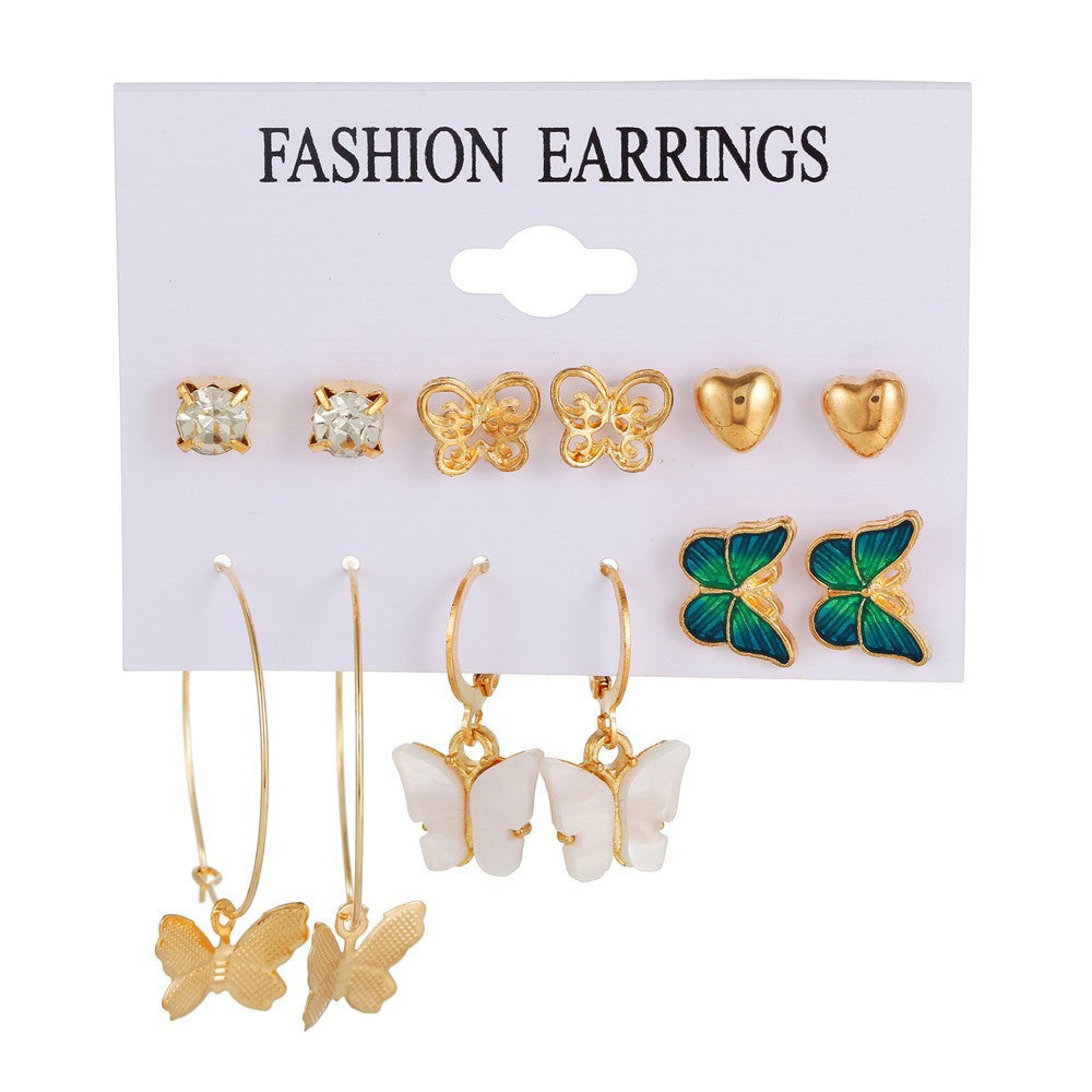 Vintage Geometric Butterfly Round Rhinestone and Pearl Plated Alloy Earring Set