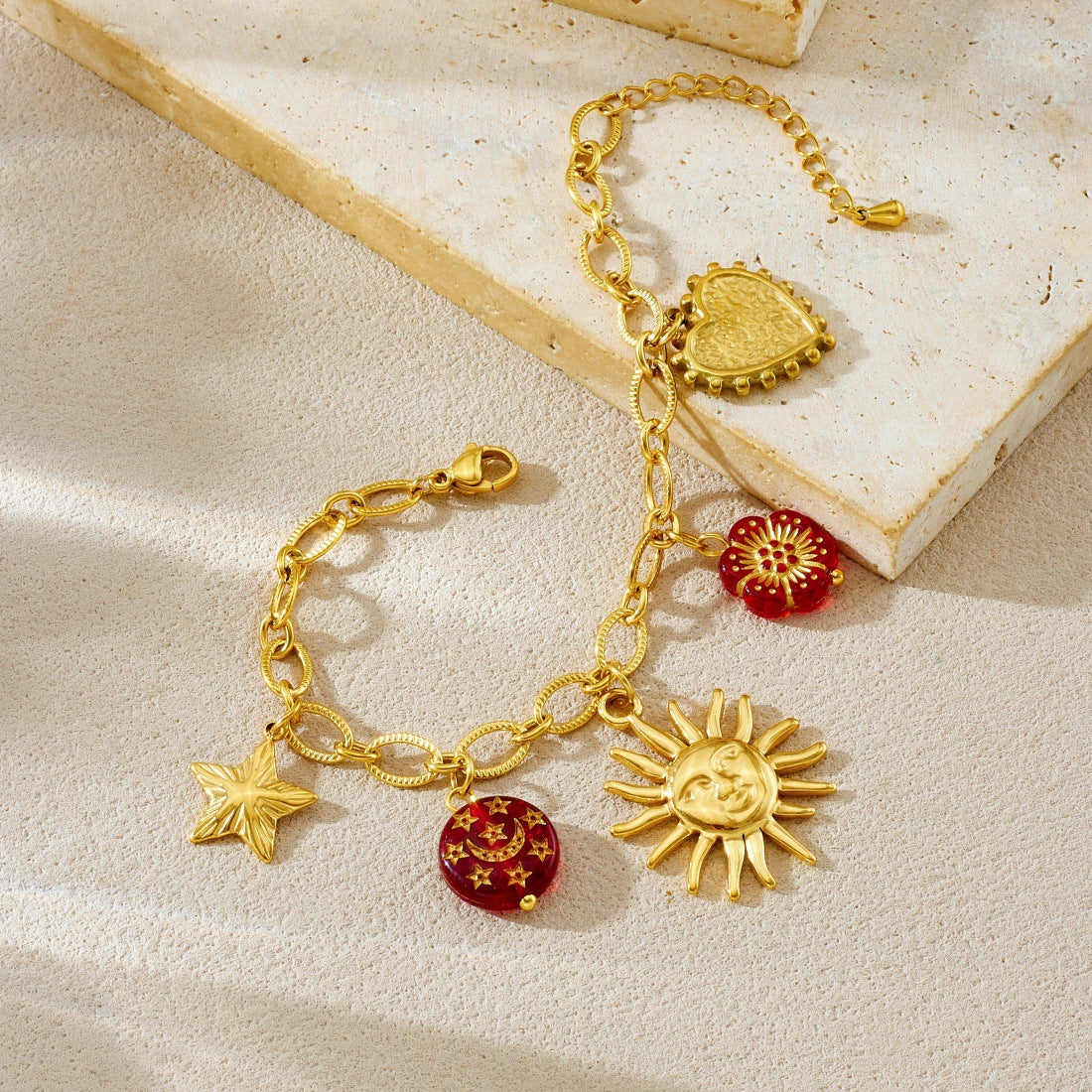 Vintage Elegant Round Heart Floral Stainless Steel Plated Pendant Necklace and Bracelet Set for Women with Cable Chain