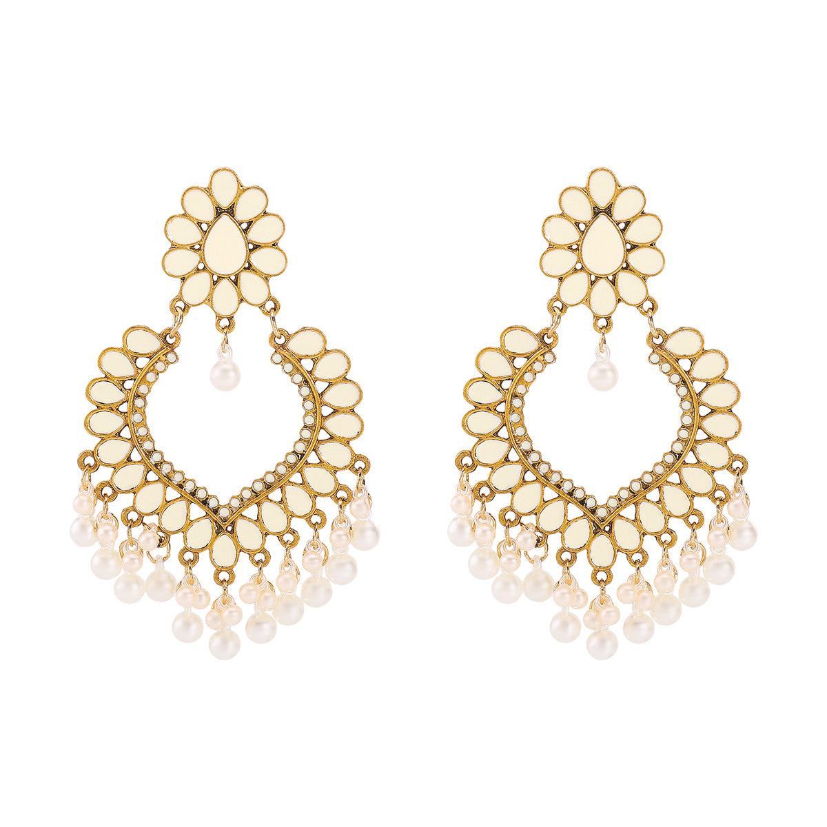 Vintage Palace Style Geometric Resin Post Enamel Earrings with Pearl Tassels for Women