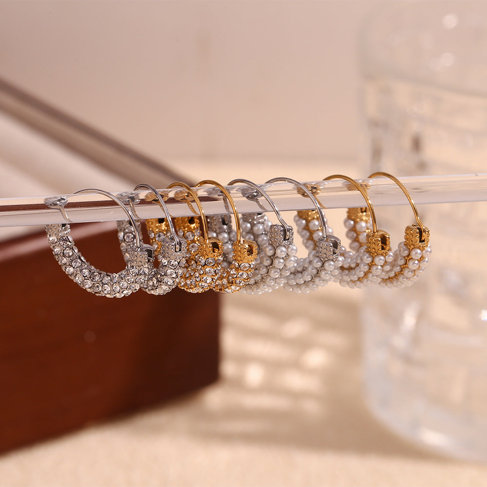 Fashionable Vintage-Inspired Geometric Stainless Steel Plated 18K Gold Hoop Earrings with Micro-Pave White Cubic Zirconia and Pearl Accents