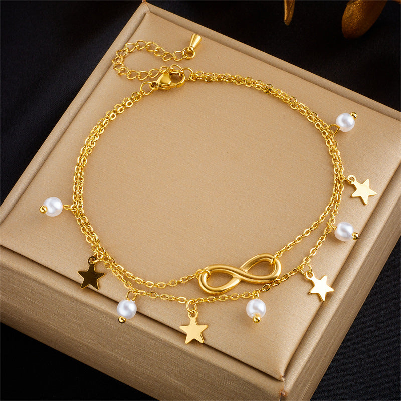 Fashion Retro Beach Style Multi-Layer Ankle Chain with Tassel and Eight-Pointed Star Pendant in Stainless Steel