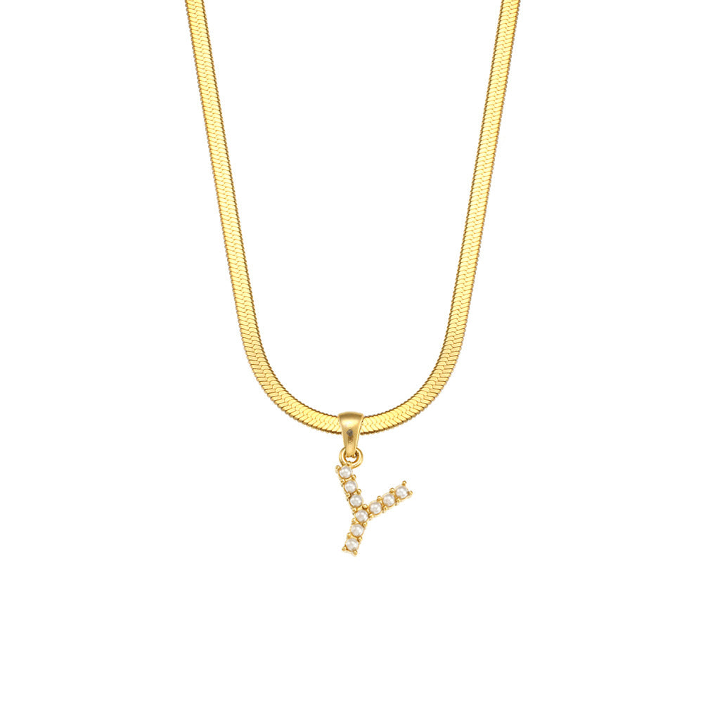 Fashionable Letter Pendant Necklace for Women Stainless Steel Plated 18K Gold Flat Snake Chain with Pearl Accent