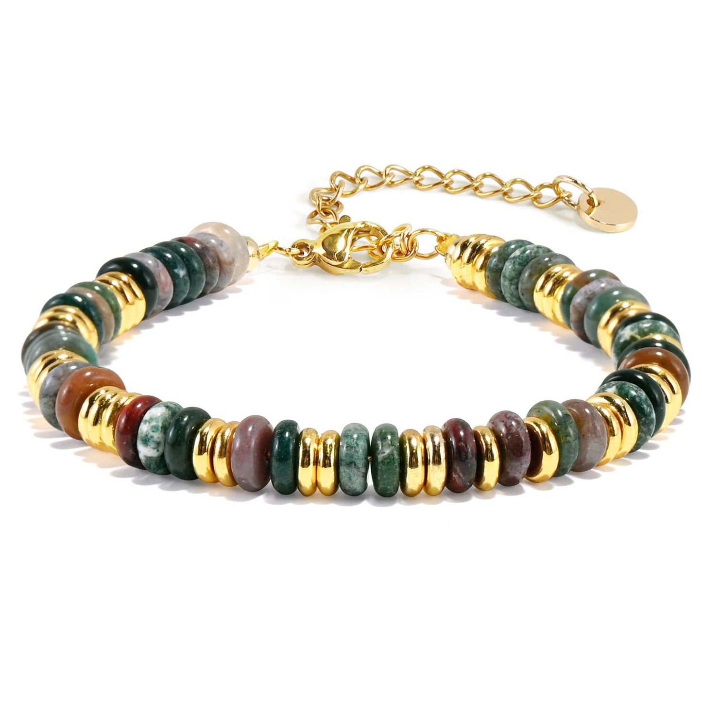 Fashion Geometric Round Natural Gemstone Beaded Bracelet with Gold Spacers and Lobster Clasp Adjustable Unisex Jewelry