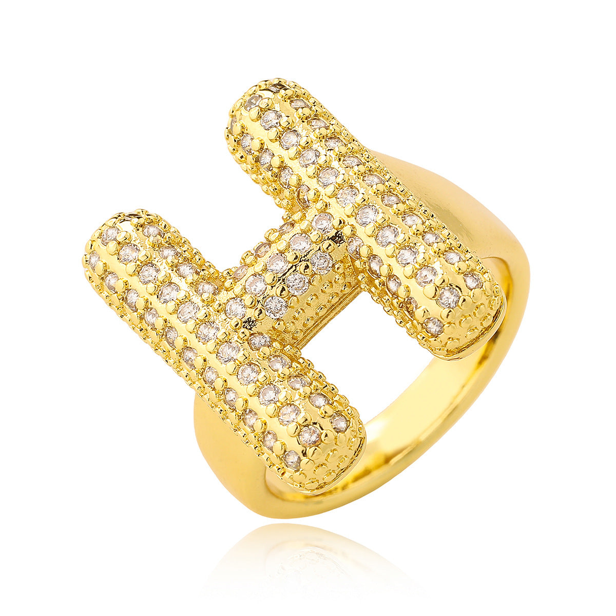 Minimalist Geometric Letter Zirconia Ring for Women in Copper with Gold Plating and Micro-Pavé Setting