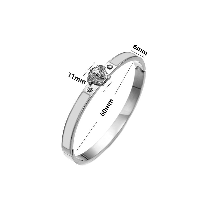 Bracciale Minimalista in Acciaio Inossidabile da Donna con Placcatura in Acciaio al Titanio e Intarsio di Strass a Forma Geometrica Ovale