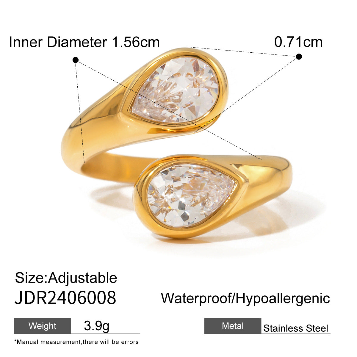 18K Gold Plated Geometric Stainless Steel Ring with Cubic Zirconia