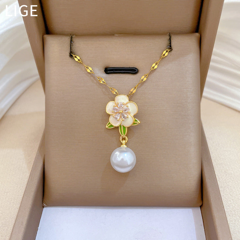 Sweet Elegant Floral Drip Oil Pearl Rhinestone Pendant Necklace Titanium Steel Cable Chain Unisex