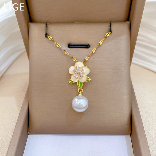 Sweet Elegant Floral Drip Oil Pearl Rhinestone Pendant Necklace Titanium Steel Cable Chain Unisex