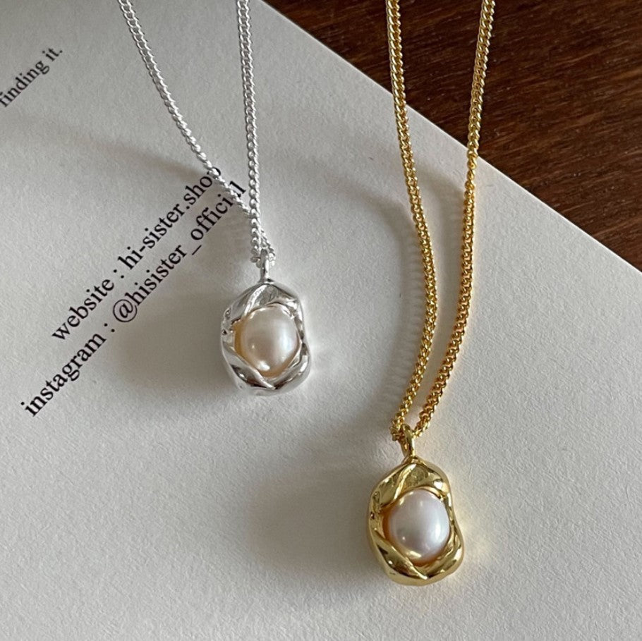 Minimalist Geometric Pendant Necklace in 925 Sterling Silver with Pearl and Cloud Accents on Snake Chain