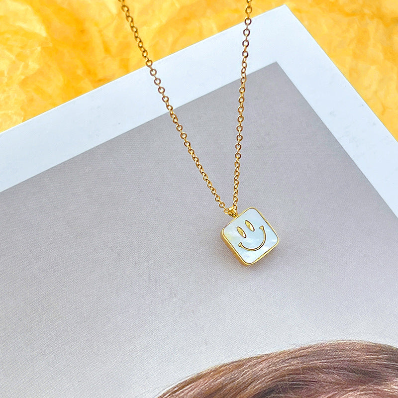 Minimalist Square Shell Smile Pendant Necklace for Women Titanium Steel with Gold Plating Locket Chain