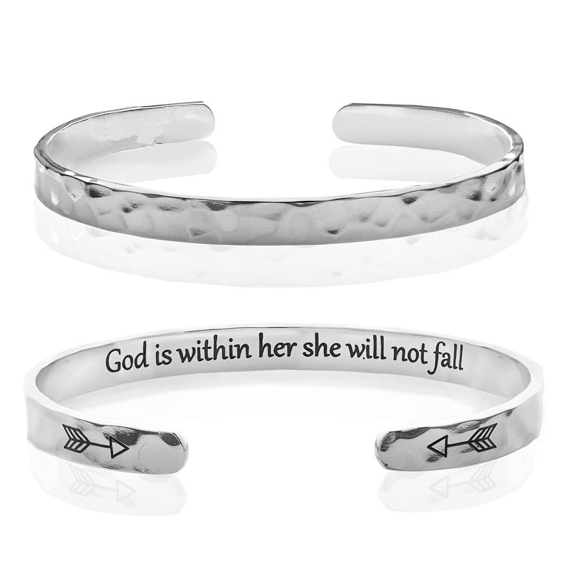 Minimalist Stainless Steel Engraved Open Moon Surface Textured Hammered Bracelet