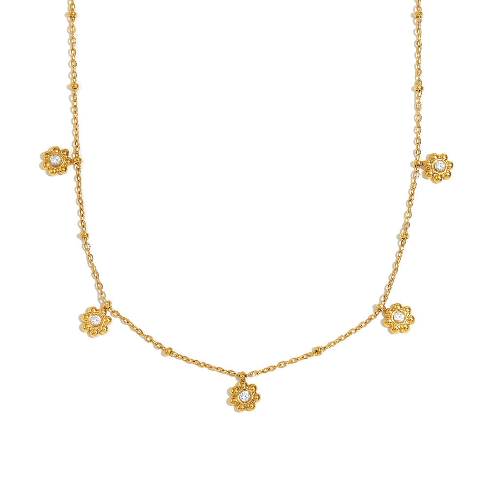 Vintage Floral Pendant Necklace for Women Made of Stainless Steel with 18K Gold Plating and Zircon Accents