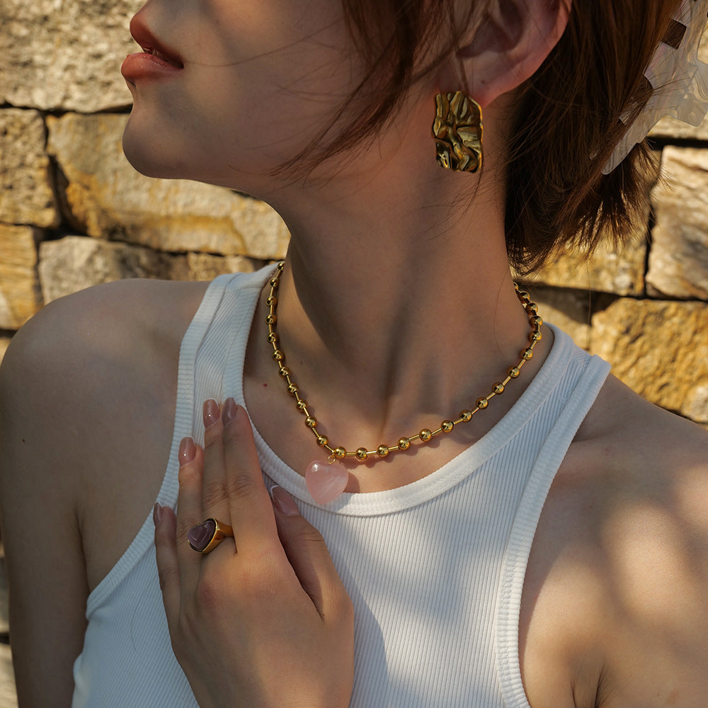 Collana trendy con cuore geometrico in perline di vetro trasparente in acciaio inossidabile placcato oro 18 carati con catena a strati rotonda da donna