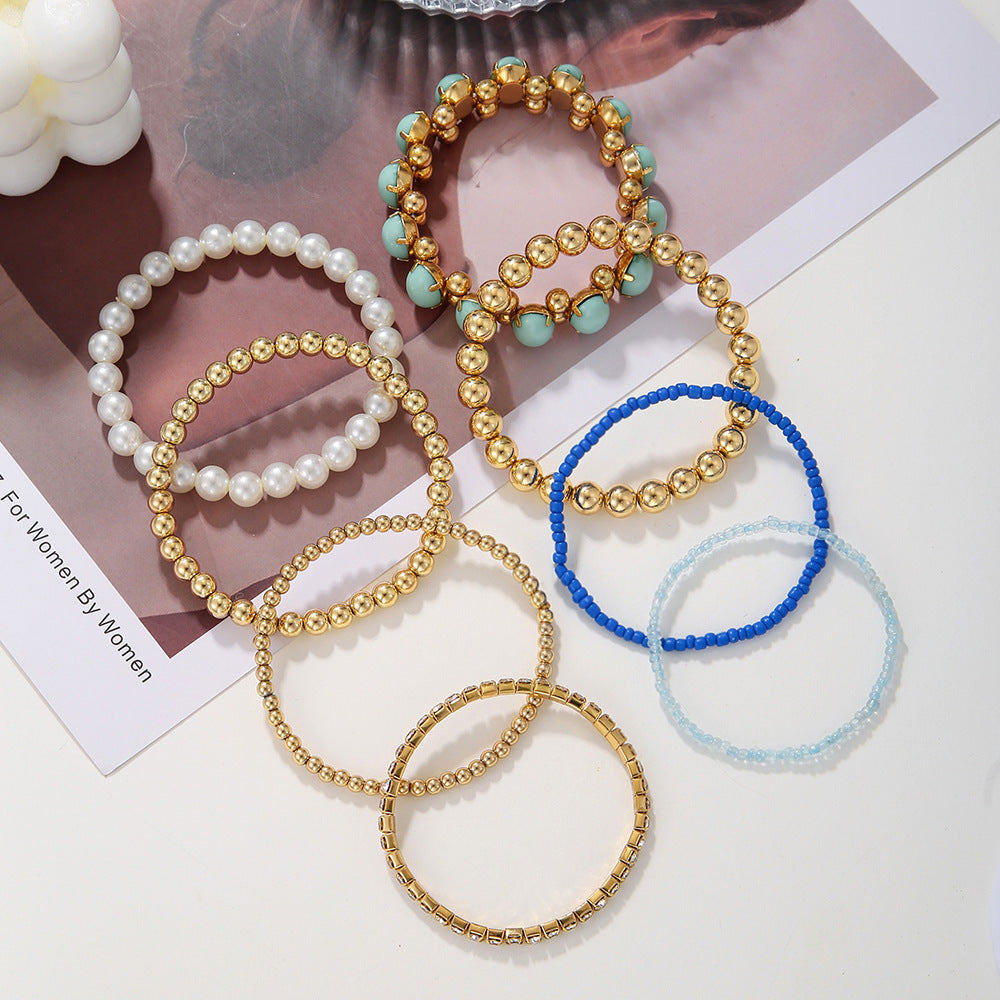 Bohemian Geometric Round Acrylic Pearl Bracelet Set