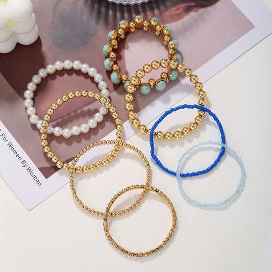 Bohemian Geometric Round Acrylic Pearl Bracelet Set