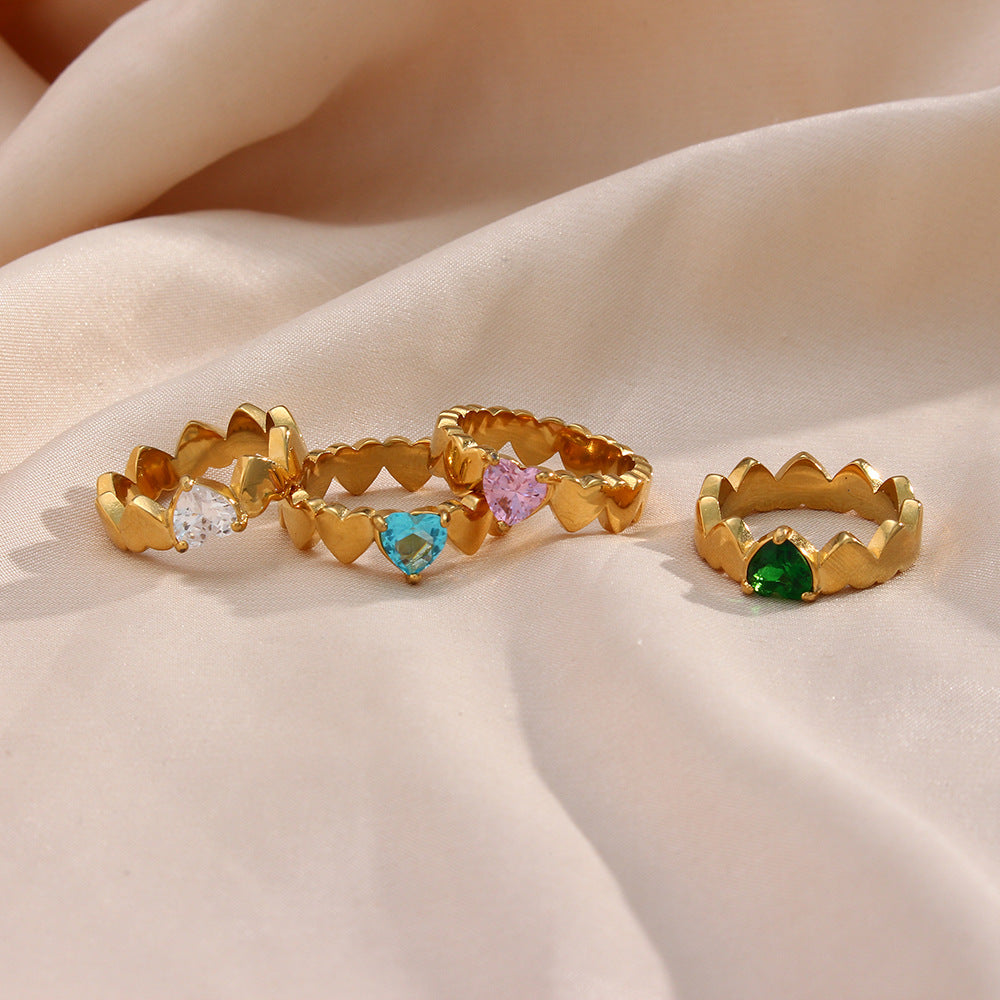 Minimalist Geometric Heart-Shaped Zirconia Ring in Stainless Steel with 18K Gold Plating for Women