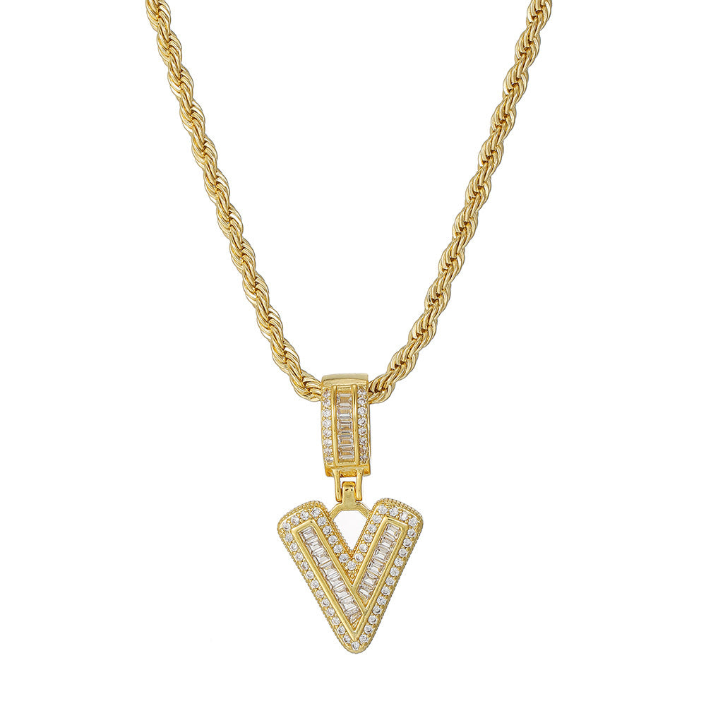 Personalized 18K Gold Plated Brass Cubic Zirconia Letter Pendant Necklace with Stainless Steel Rope Chain