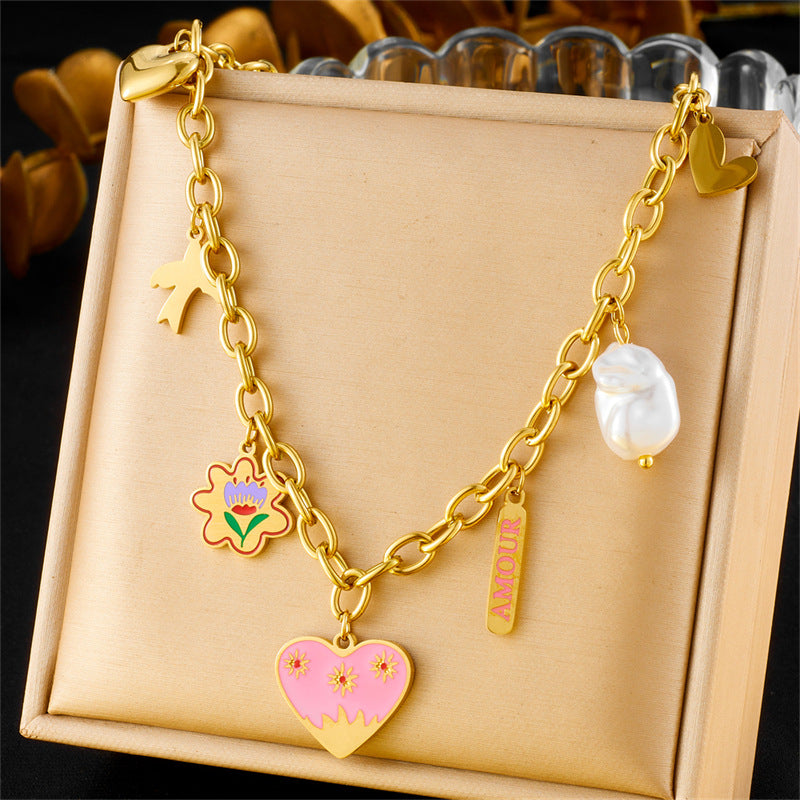 Fashion Colorful Drip Oil Flower Butterfly Eye Pendant Stainless Steel Cable Chain Necklace for Women